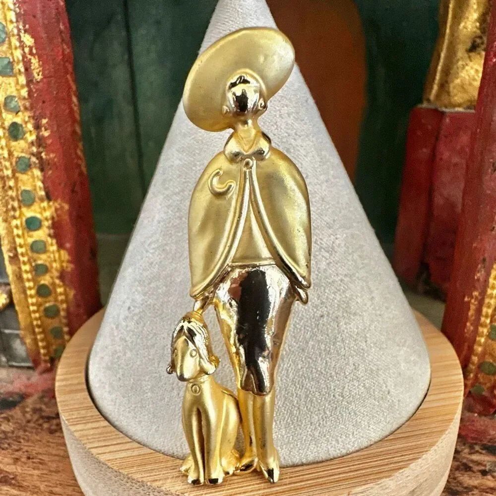 Vintage Gold tone Lady with Dog Figural Brooch